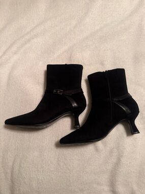 Impo Black Suede Pointed Toe Ankle Booties with Strap